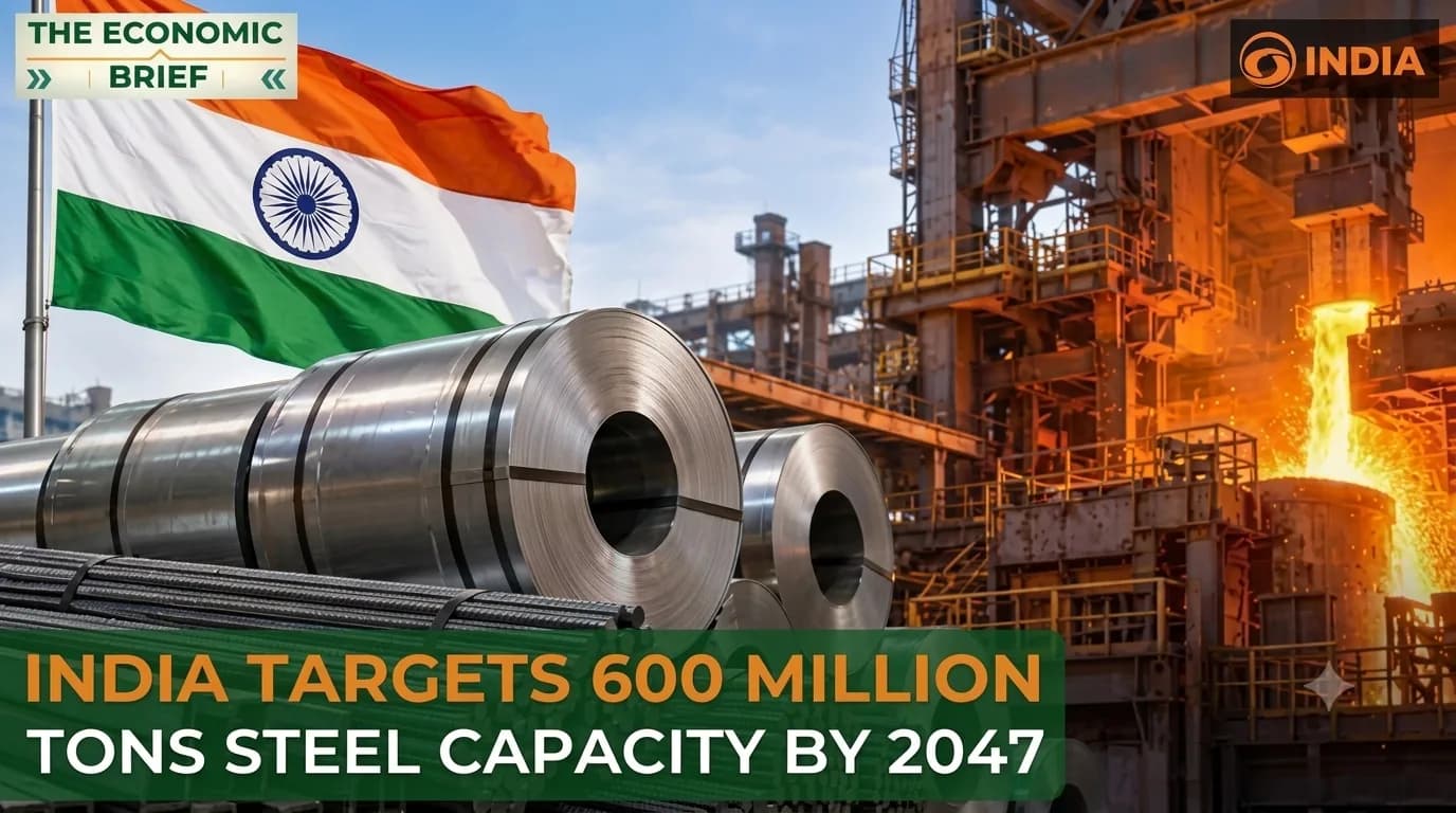India's flag, steel coils, and molten metal pouring in a steel plant.