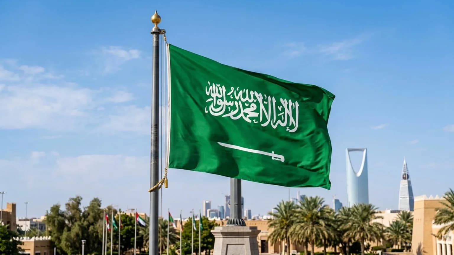 The Saudi Arabian flag, green with white script and a sword, flies against a blue sky.