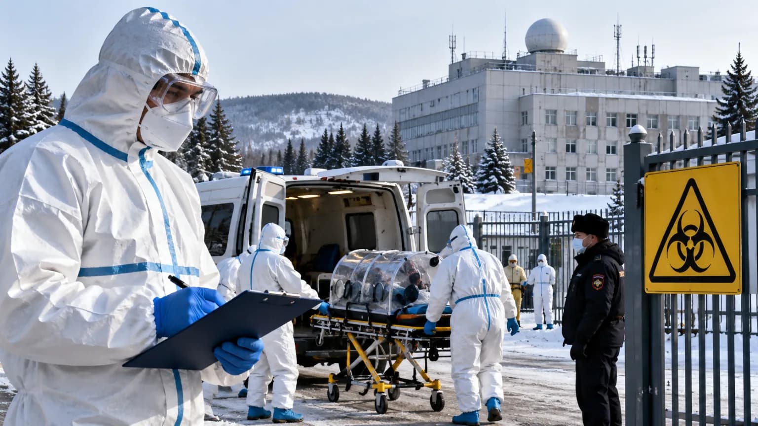 Hazmat-suited workers transport a patient in a bio-containment stretcher near an ambulance.