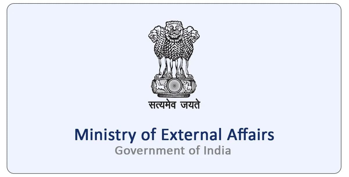 The emblem of India, with "Ministry of External Affairs, Government of India" below it.