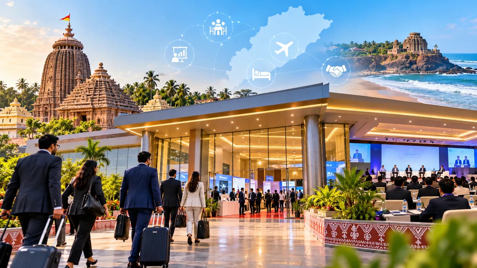 Business people arrive at a conference center with a temple and beach in the background.