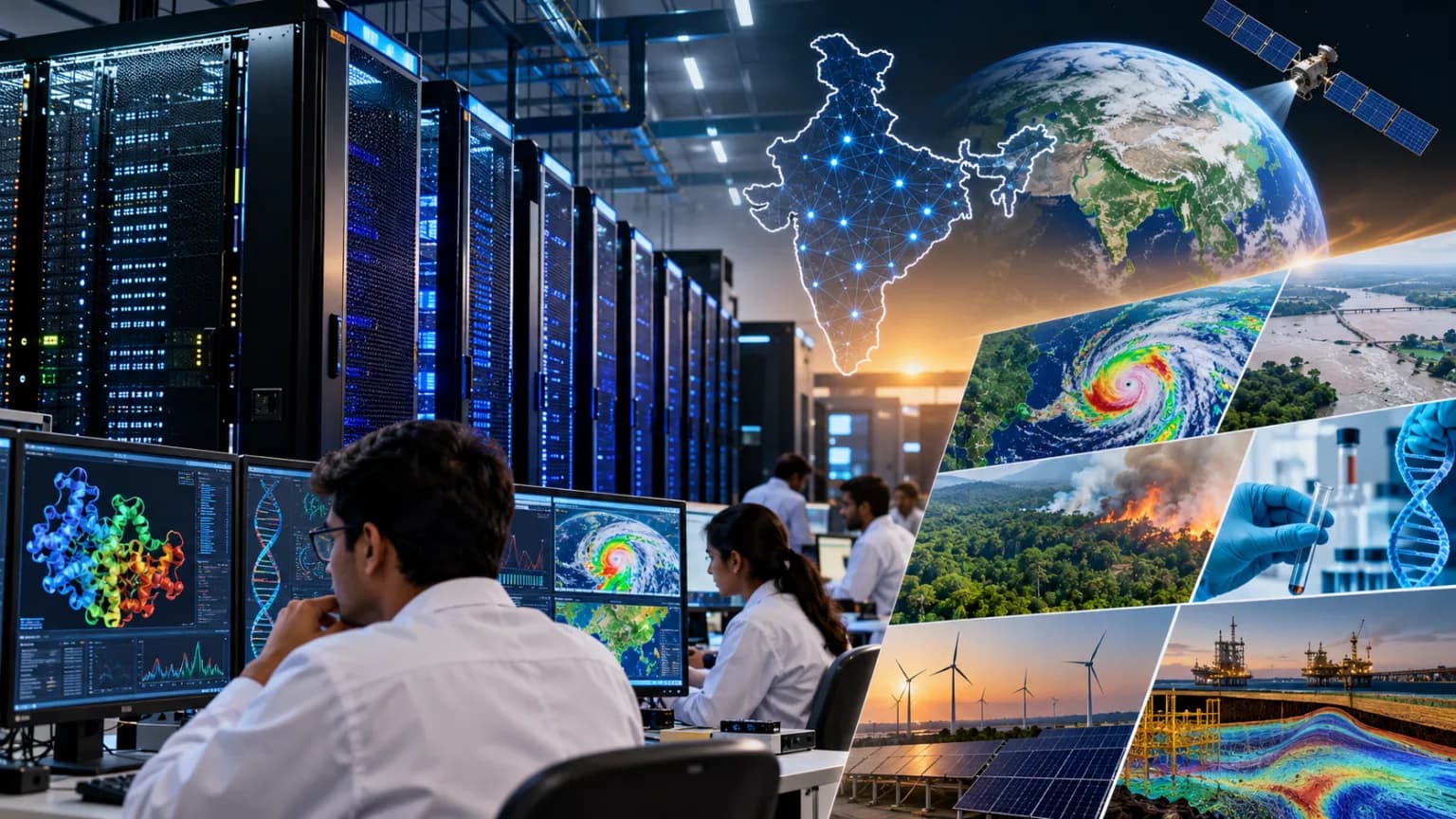 Scientists monitor data in a server room with a collage of global events.