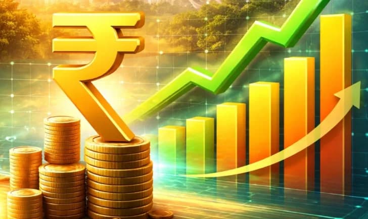 Golden Indian Rupee symbol with stacks of coins and a rising bar graph.