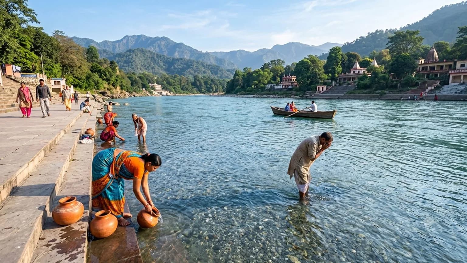 People bathe and collect water from a river with mountains in the background.