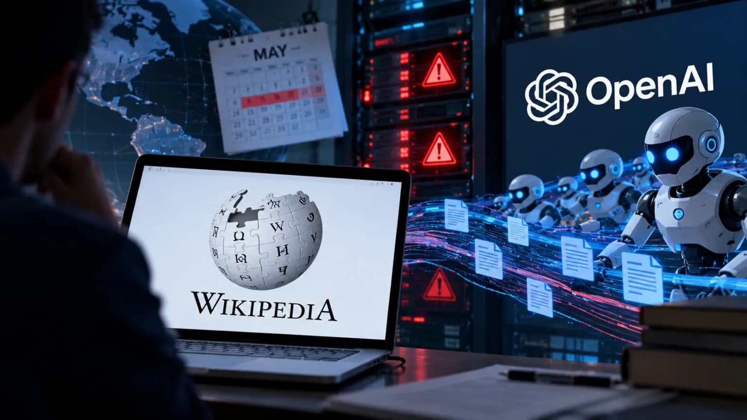 A person looks at a laptop displaying Wikipedia, with OpenAI robots processing data in the background.