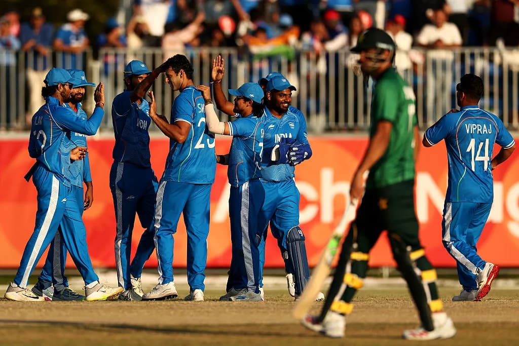 Cricket players in blue uniforms celebrate on a field.