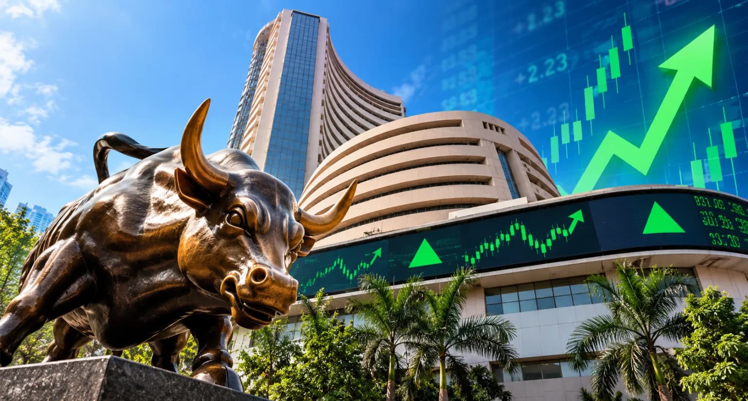 A bronze bull statue in front of a stock exchange building with a rising stock graph.