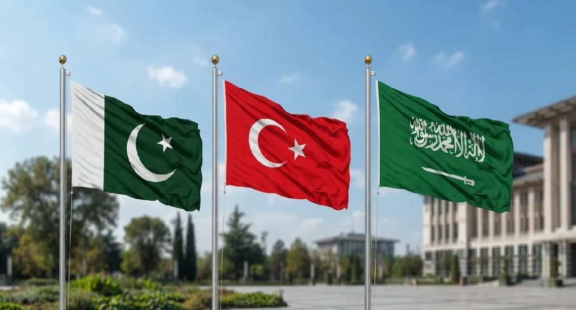 Flags of Pakistan, Turkey, and Saudi Arabia waving in front of buildings.