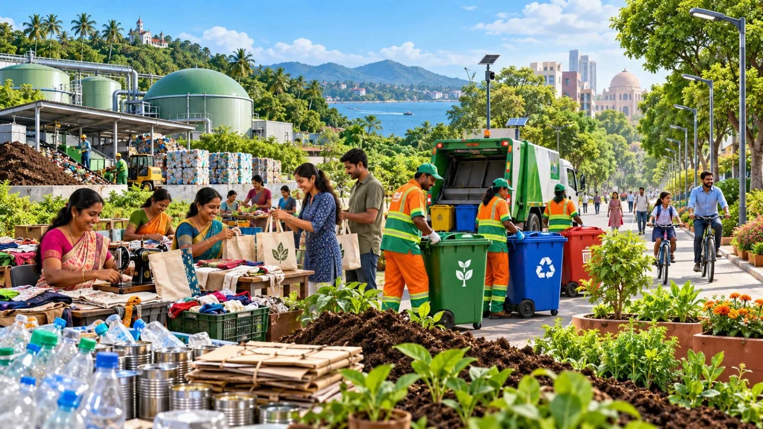 People sort recyclables near a garbage truck and a biogas plant.