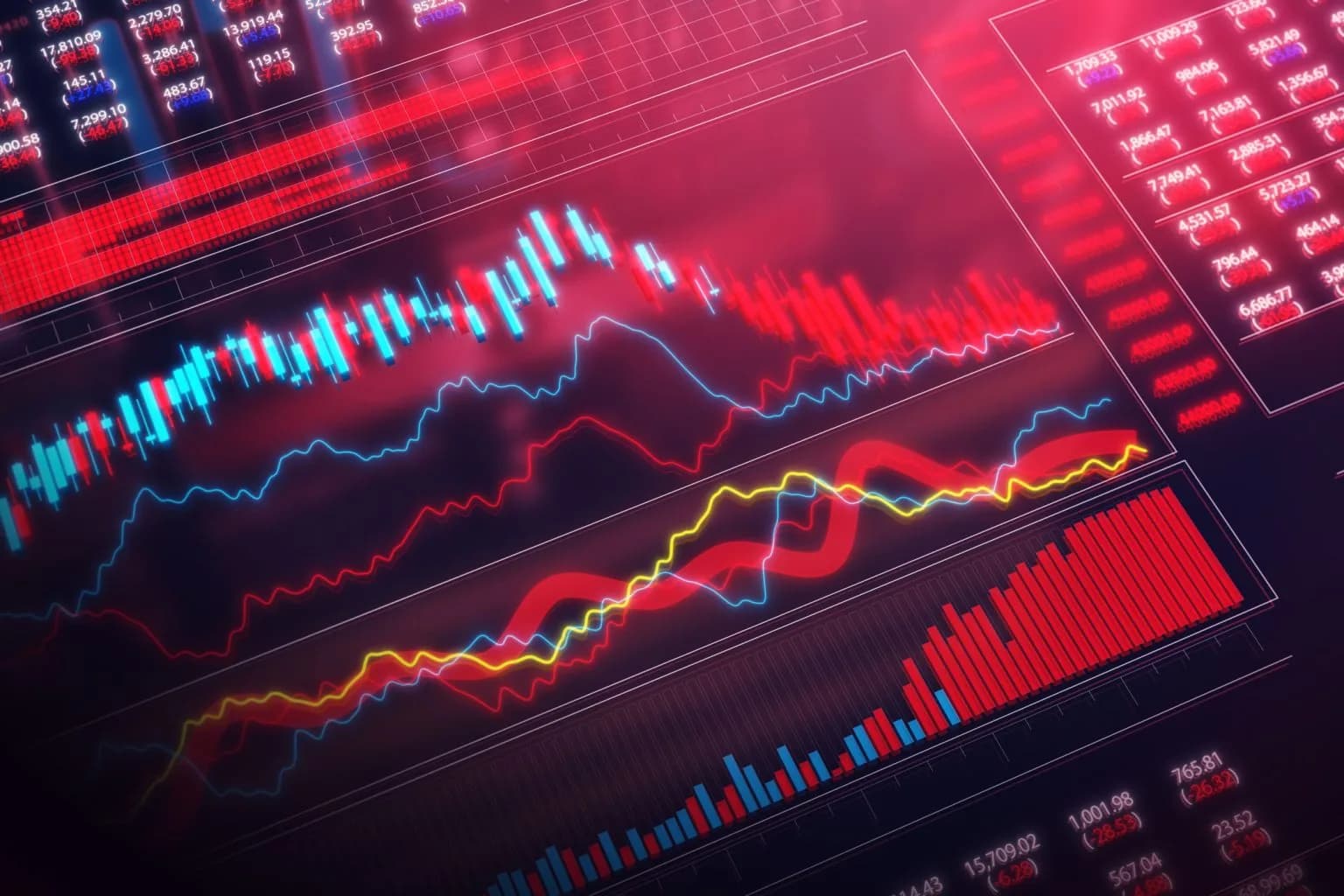 A digital stock market graph with red and blue lines and bars.