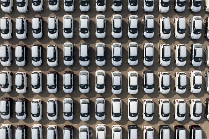 Rows of white cars parked in a lot.
