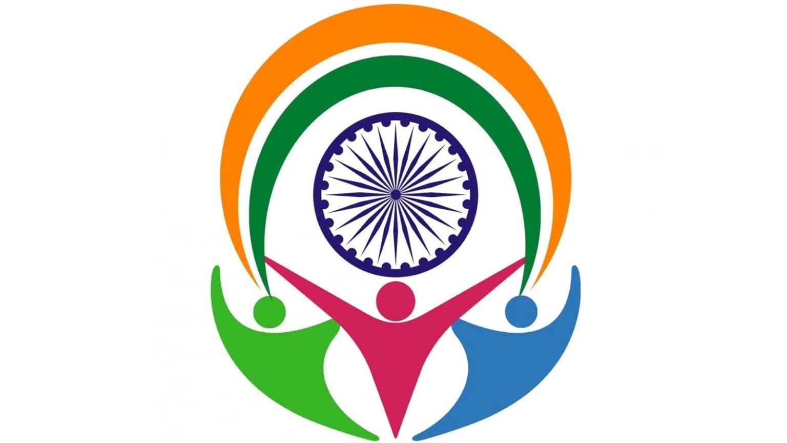 A logo with three stylized people holding up an Indian flag arch and a Dharma Chakra.